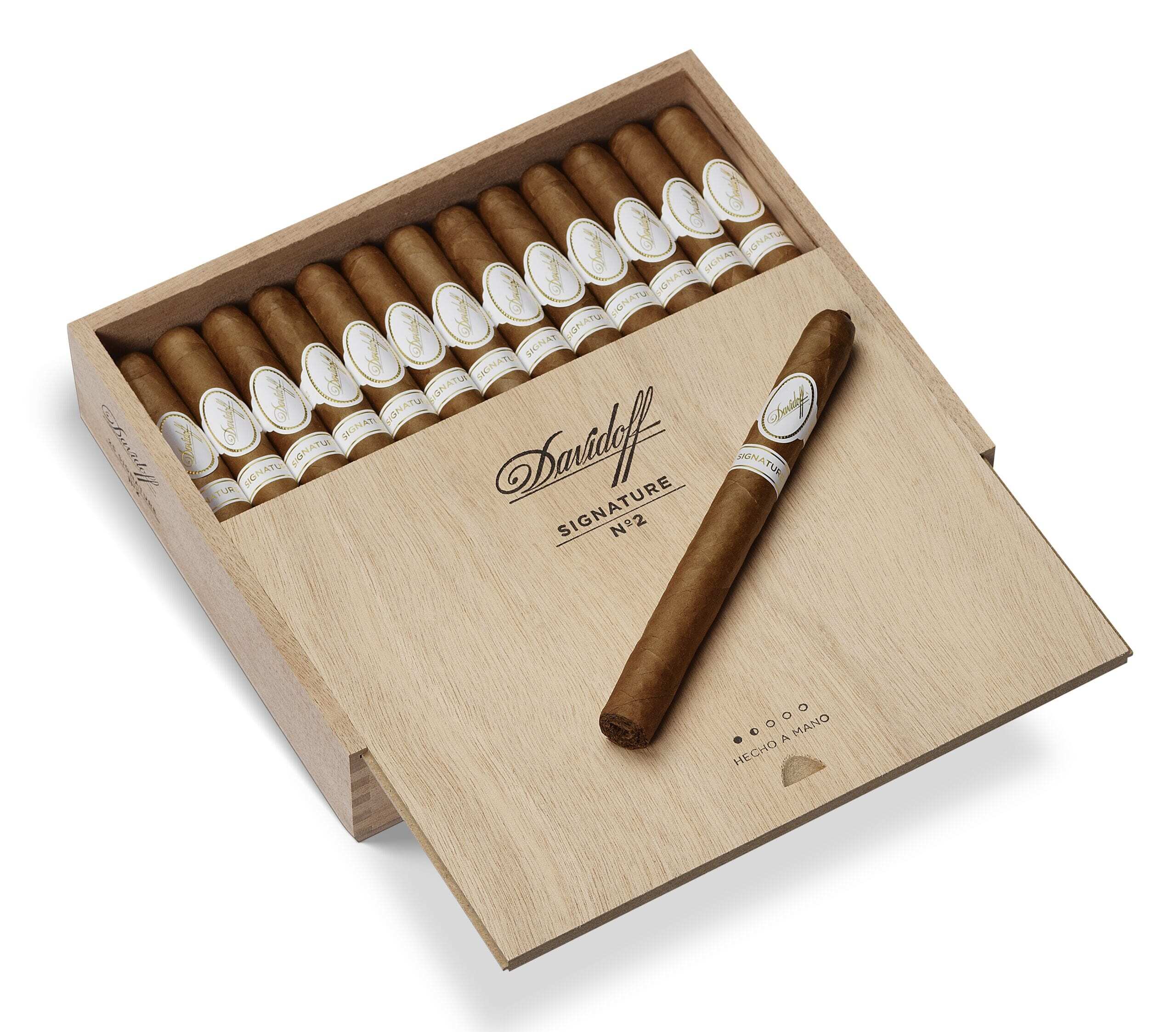 Box of Davidoff Signature No 2 corona cigars with the lid closed and iconic Davidoff branding
