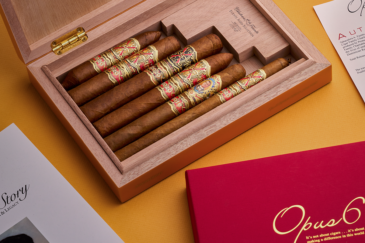 Open box of the Fuente Opus X Opus6 Sampler featuring 6 Rare Cigars