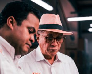 Master Blender Eladio Diaz of Tabacalera Diaz Cabrera works with his son Emmanuel.