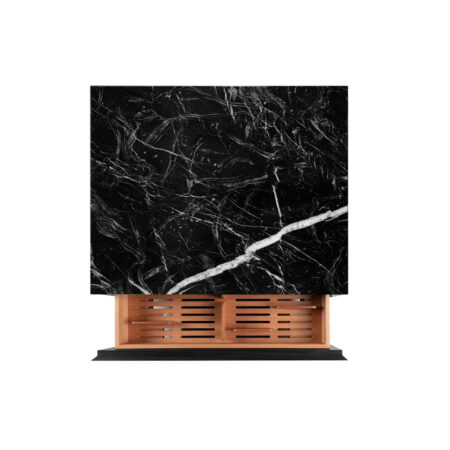 Litolite Humidor Nero Marquinia Marble top view Black Oak wood drawer open with LED