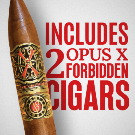 This exclusive bundle includes a box of 10 Don Carlos Edicion de Aniversario Toro cigars, paired with two Opus X Forbidden X Amor Sensual cigars front cover opus x cigar