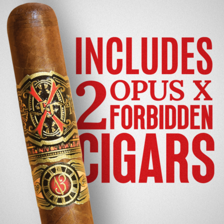 This exclusive bundle features a box of 10 Don Carlos Edicion de Aniversario Robusto cigars, along with two Opus X Forbidden X El Beso Prohibido cigars by OpusX