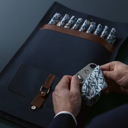 Interior of the Davidoff Travel Humidor Business showing the wave-design smart tray and accessory pockets