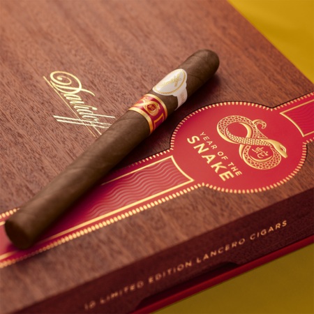 Davidoff Year of the Snake 2025 Lancero cigar box with red and yellow accents.