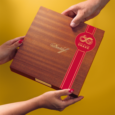 Elegant presentation of the Davidoff Year of the Snake 2025 Lancero cigar in collector’s packaging