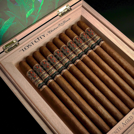 Opus X The Lost City Carlito's A cigar displayed in its limited-edition packaging