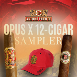 Opus X Fuente Fuente 12-Cigar Sampler with Opus X hat in red or white.