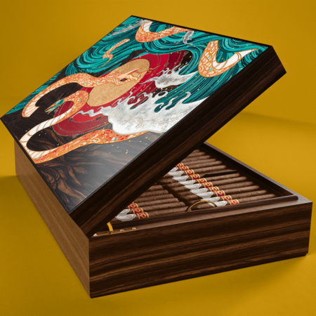 Close-up of the intricate marquetry design on the Davidoff Year of the Snake Masterpiece Humidor