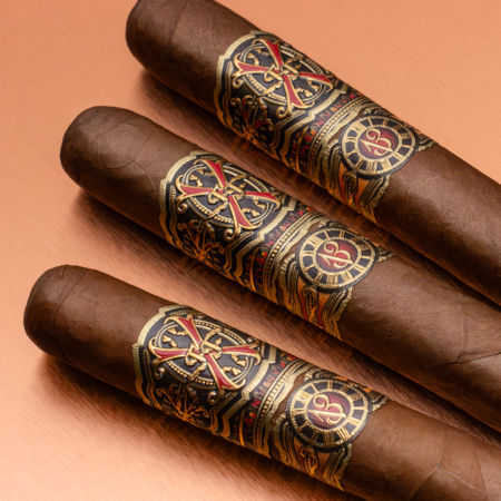 Close-up of Fuente Opus X Forbidden X Rare Finds Churchill cigars with unique tobacco blend