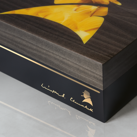 Close-up of the Davidoff Winston Churchill Primos Humidor in dark grey with yellow brushstroke accents